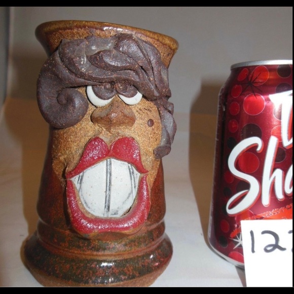 VINTAGE RARE STONEWARE POTTERY CLAY FUNNY FACE TALL MUG STEIN LADY FACE - Picture 1 of 3